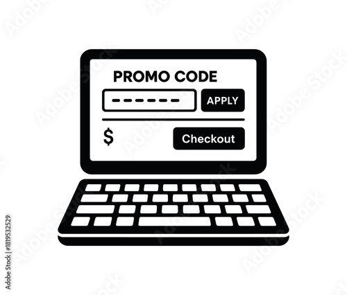 Tablet showing promo code entry black silhouette with keyboard and icon line details flat online checkout detail