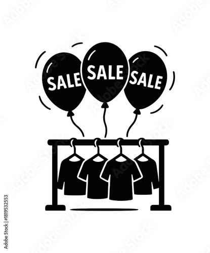 Sale balloons tied to rack black silhouette with string and float line accents festive instore promotion