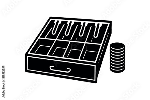 Cash drawer with coin stack black silhouette with grip and divider line details retail transaction moment