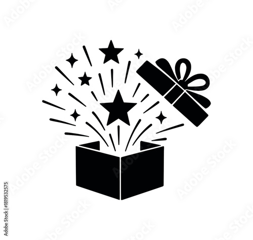Opened gift box with starburst black silhouette with lid and sparkle line accents festive sale visual