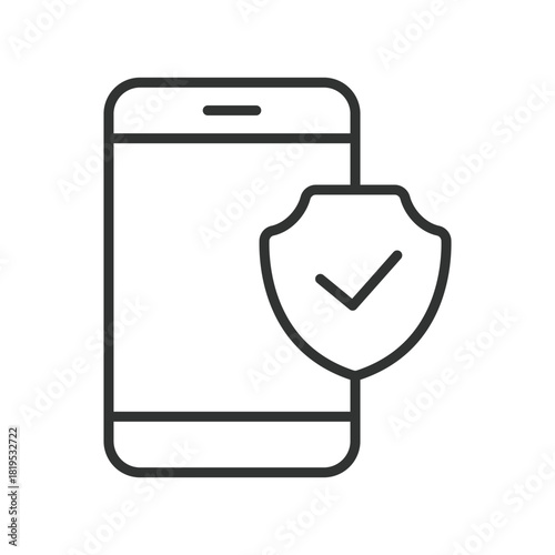 Phone security shield smartphone icon in line design. phone security, shield protection, mobile privacy, smartphone safeguard, security check, safe device, digital protection, secure access on white