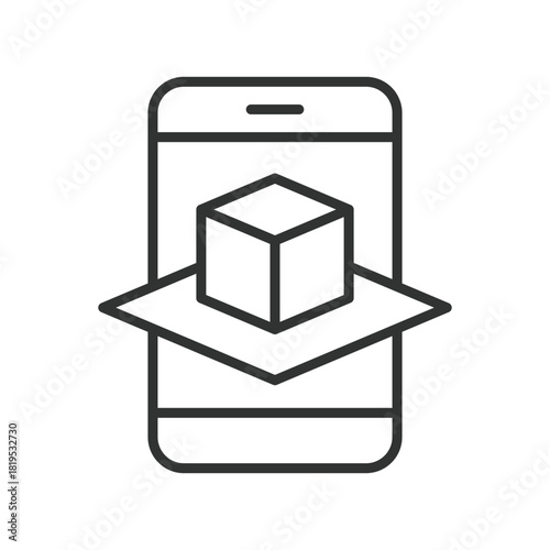 Augmented reality cube smartphone icon in line design. augmented reality cube, AR model, digital overlay, 3D object, virtual element, smartphone AR display, immersive tech, mobile simulation on white