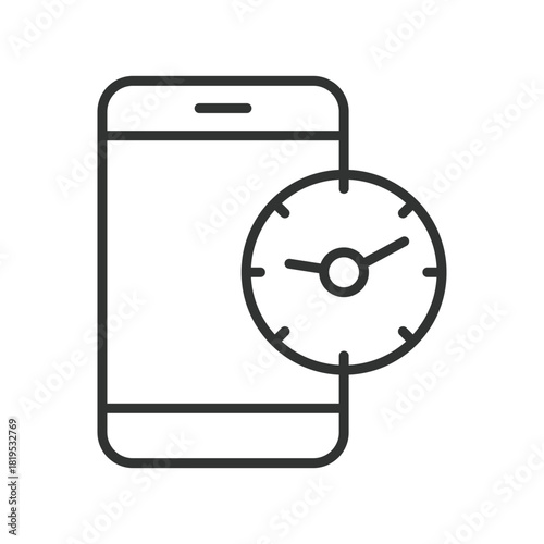 Screen time smartphone icon in line design. screen time, usage timer, smartphone duration, digital time, mobile activity tracking, clock symbol, device time, monitoring on white background vector.