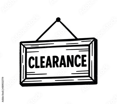 Hanging sign with clearance text black silhouette with string and board lines endofseason visual cue