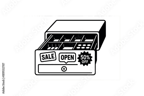 Cash drawer with promo stickers black silhouette with inner tray and badge lines retail payment detail