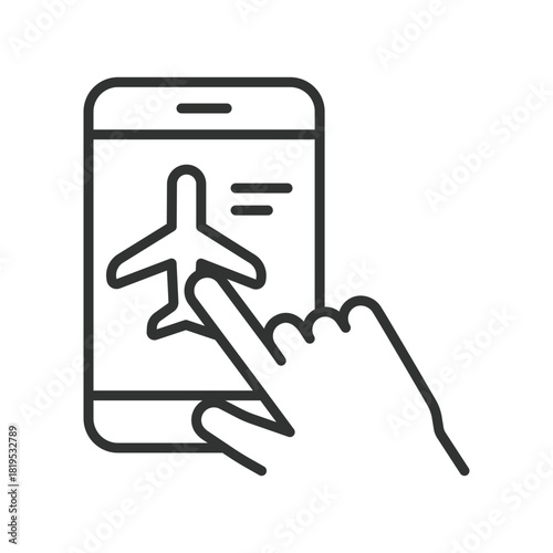 Flight booking smartphone icon in line design. flight booking, airplane choice, mobile ticket, travel reservation, smartphone booking, airline app, travel planning, flight select on white background