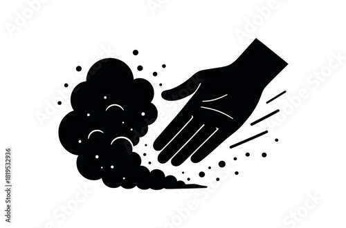 Dust cloud with hand sweeping black silhouette with motion and palm line accents flat cleanup moment