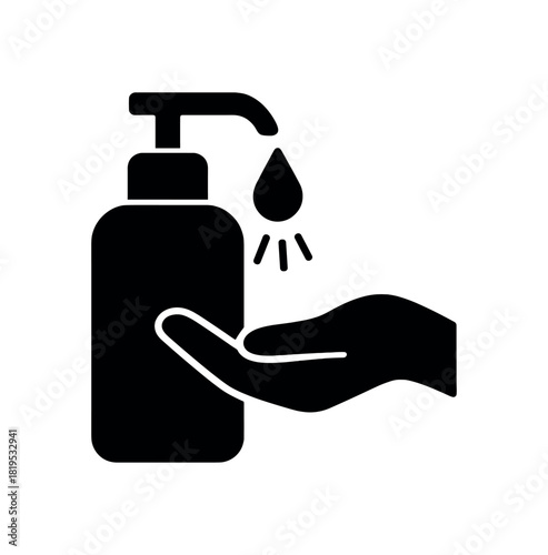 Soap dispenser pump black silhouette with nozzle and drop lines handwashing scene icon