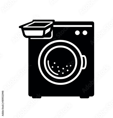 Open washer with soap tray black silhouette with drum and handle line accents laundry machine detail