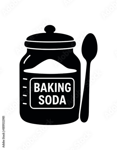 Baking soda jar with spoon black silhouette with lid and measure line details natural cleaning tool