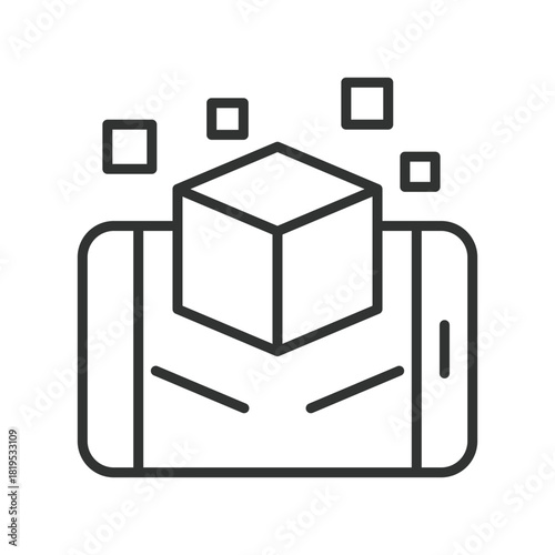 AR 3D object smartphone icon in line design. AR 3D object, augmented reality, virtual cube, digital overlay, 3D model, mobile AR, immersive tech, simulation view on white background vector. AR 3D