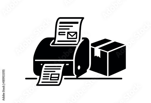 Label printer printing address tag black silhouette with button and tape line accents ecommerce shipping setup