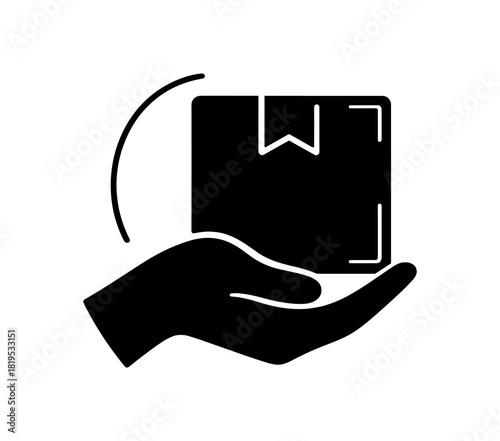 Hand holding delivery box black silhouette with curve and corner line details receiving order moment