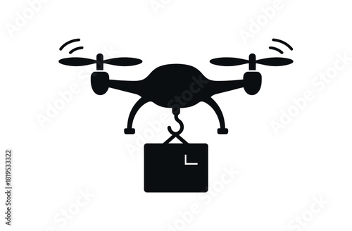 Drone carrying small parcel black silhouette with propeller and hook line accents modern air delivery