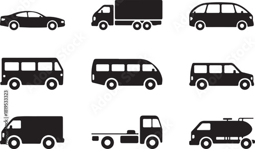 Collection of black vehicle silhouette icons truck
