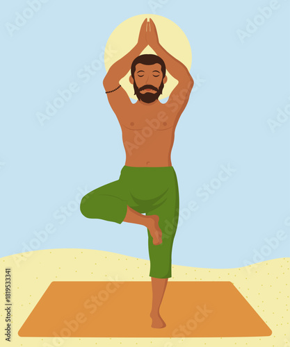 A dark-skinned man with a beard stands in the Tree Pose in yoga - Vrksasana, desert, yoga mat, sand, sun, sky