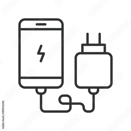 Phone charging smartphone icon in line design. phone charging, charger cable, battery charging, power supply, smartphone energy, electricity, connector, mobile device on white background vector.