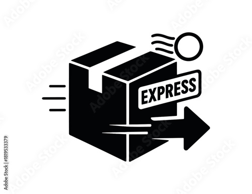 Package with express tag black silhouette with arrow and stamp line accents fast delivery symbol