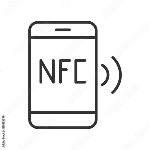 NFC smartphone icon in line design. NFC, contactless communication, wireless transfer, near field communication, smartphone, connectivity, mobile signal, tap function on white background vector. NFC