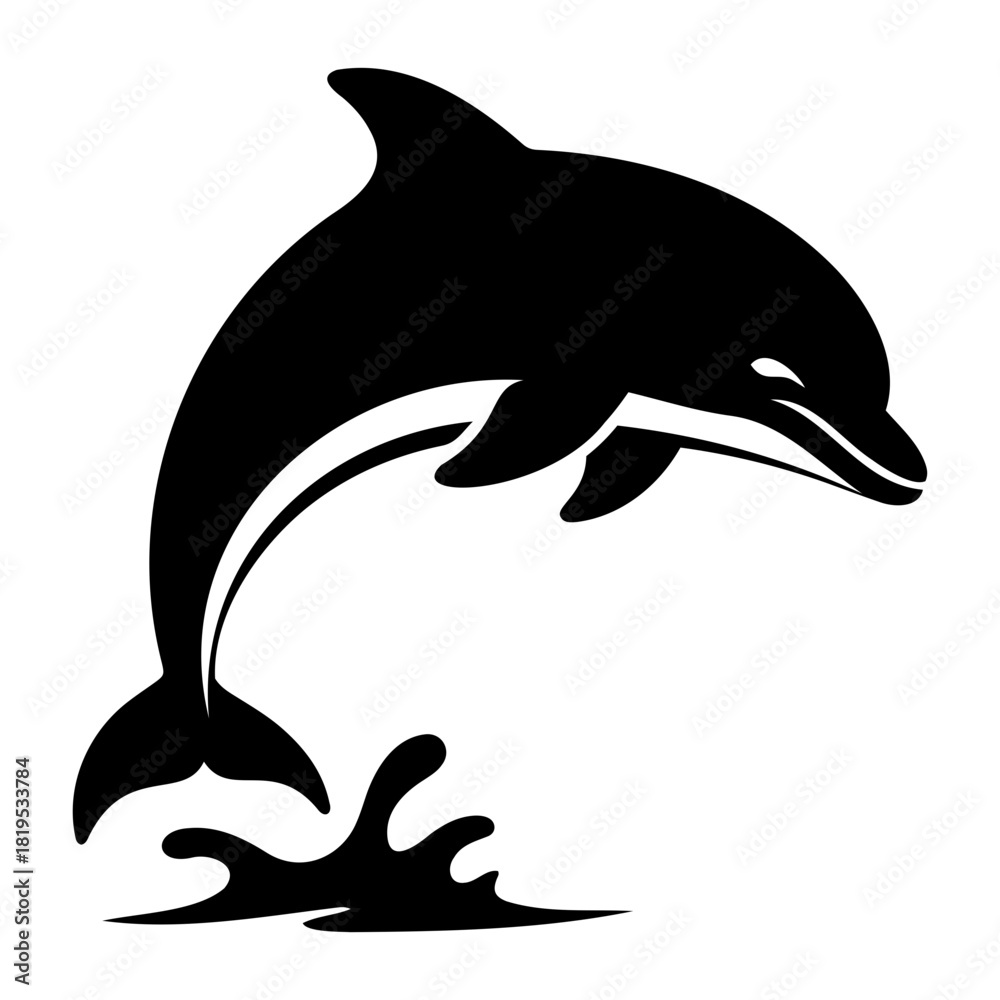 Fototapeta premium Nature and Environment Vector Illustration of a black dolphin leaping out of the water with splashes in a simple design style