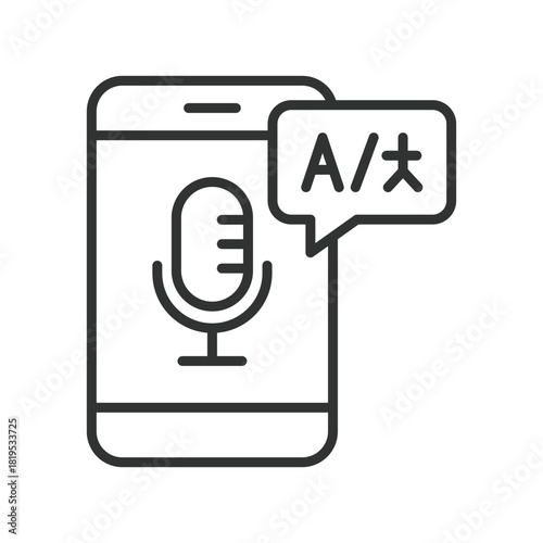 Voice translator smartphone icon in line design. voice translator, speech translation, mobile voice app, language converter, smartphone communication, audio tool, translation app on white background