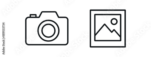 2 minimal black outline icons camera photo frame thin stroke simple forms no fill
