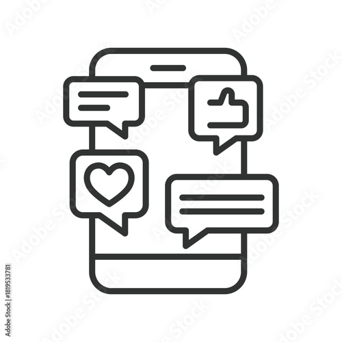 Social messages smartphone icon in line design. social messages, chat bubbles, conversation, online communication, messaging app, smartphone interaction, dialogue, social chat on white background