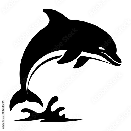Nature and Environment Vector Illustration of a black dolphin leaping out of the water with splashes in a simple design style