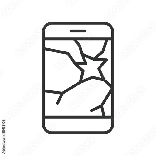 Broken phone smartphone icon in line design. broken phone, cracked screen, damaged device, smartphone failure, malfunction, shattered display, repair need, mobile problem on white background vector.