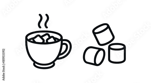2 minimal black outline icons cup of cocoa marshmallows winter cozy style
