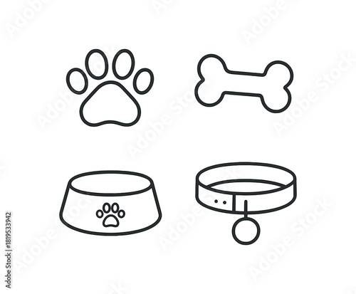 4 minimal black outline icons dog paw bone bowl collar pet outline icons