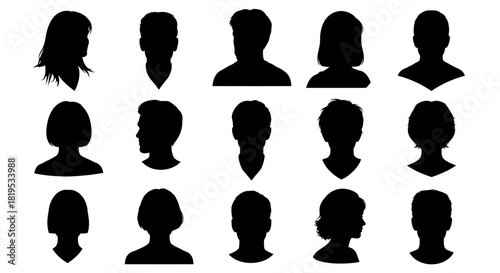 Silhouettes of various anonymous human heads and profiles representing different people