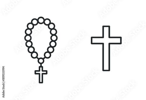 2 minimal black outline icons rosary beads small cross simple contour