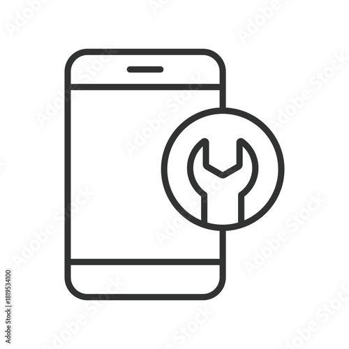 Phone repair smartphone icon in line design. phone repair, mobile service, smartphone fix, wrench tool, device maintenance, repair service, technical support, mobile fixing on white background