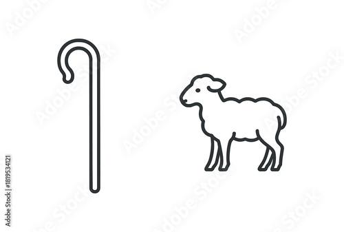 2 minimal black outline icons shepherd staff lamb outline thin contour isolated