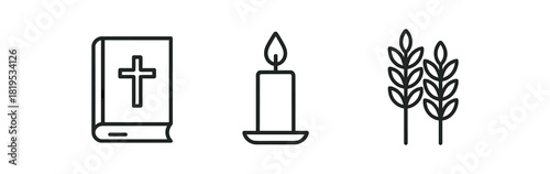 minimal black outline icons gospel book candle wheat sprig thin line church symbols