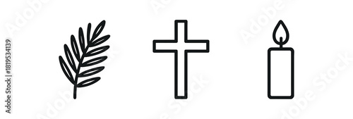 minimal black outline icons palm leaf cross candle minimal Easter set