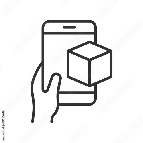 AR object smartphone icon in line design. AR object, augmented object, smartphone AR view, 3D cube, digital overlay, mobile simulation, interactive AR feature, virtual object on white background