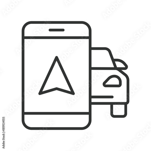 Taxi booking smartphone icon in line design. taxi booking, ride order, navigation arrow, car service, mobile transport app, smartphone map, ride request, travel tool on white background vector. Taxi