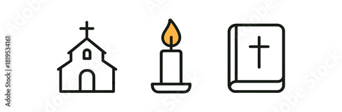 minimal icons church building black outline candle colored warm bible black outline clean contour
