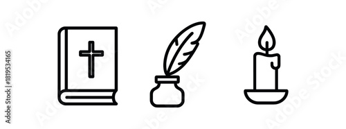 minimal black outline icons holy book feather quill candle minimal spiritual writing set