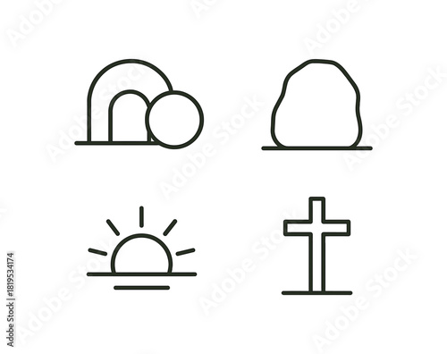 4 minimal black outline icons tomb outline stone sunrise cross Easter resurrection theme