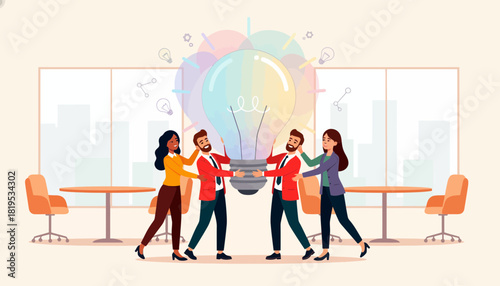 Team of diverse people working together to hold a large lightbulb symbolizing innovation and ideas.