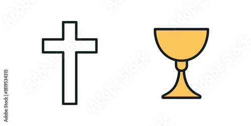 2 minimal icons cross outline black chalice colored gold thin line religious set