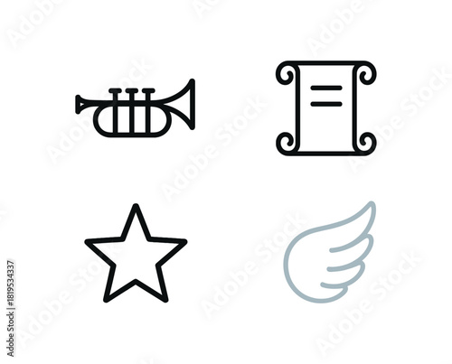 4 minimal icons trumpet black scroll black black wing outline colored pale blue