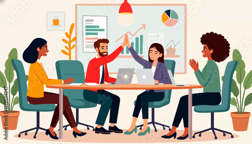 A team of four professionals celebrating a successful project with a high five in a modern office setting.