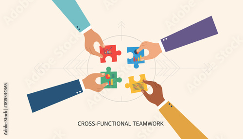 Four diverse hands assembling puzzle pieces, symbolizing teamwork and collaboration.