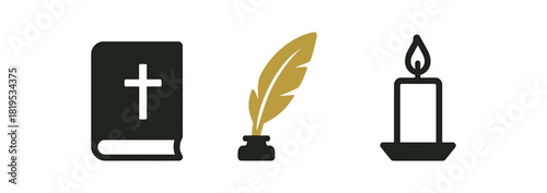 minimal icons holy book black feather quill colored gold candle black