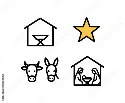 4 minimal icons stable outline black manger black colored simplified animals black nativity scene