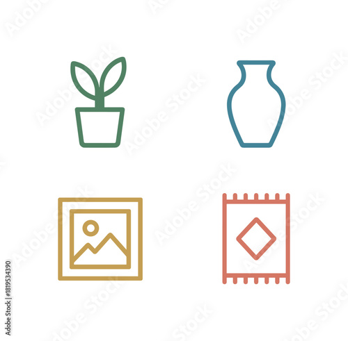 4 minimal icons plant pot colored green vase colored blue picture frame colored gold rug colored soft red